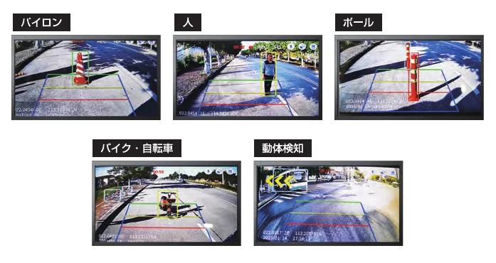 センシングアイがパイロン、人、ポール、自転車、横からの動体を枠で検知したモニター画面