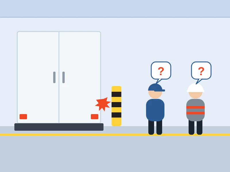 構内でトラックがポールに接触し、ドライバーと作業員が状況が分からず困っているイラスト
