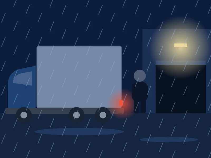 夜の雨の荷捌き場で、後退するトラックの後ろに暗い服の作業員がいるイラスト
