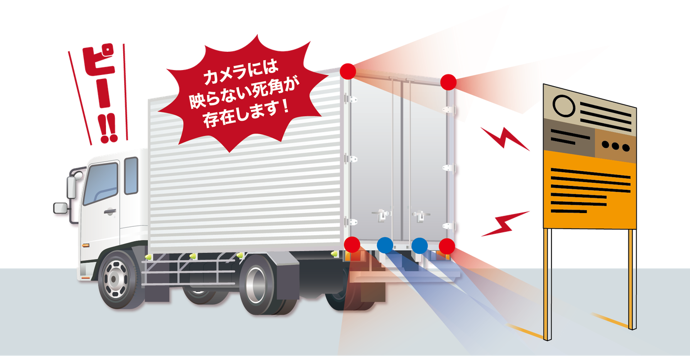 トラック後部のセンサーが看板を検知し、ブザーで知らせるイメージ